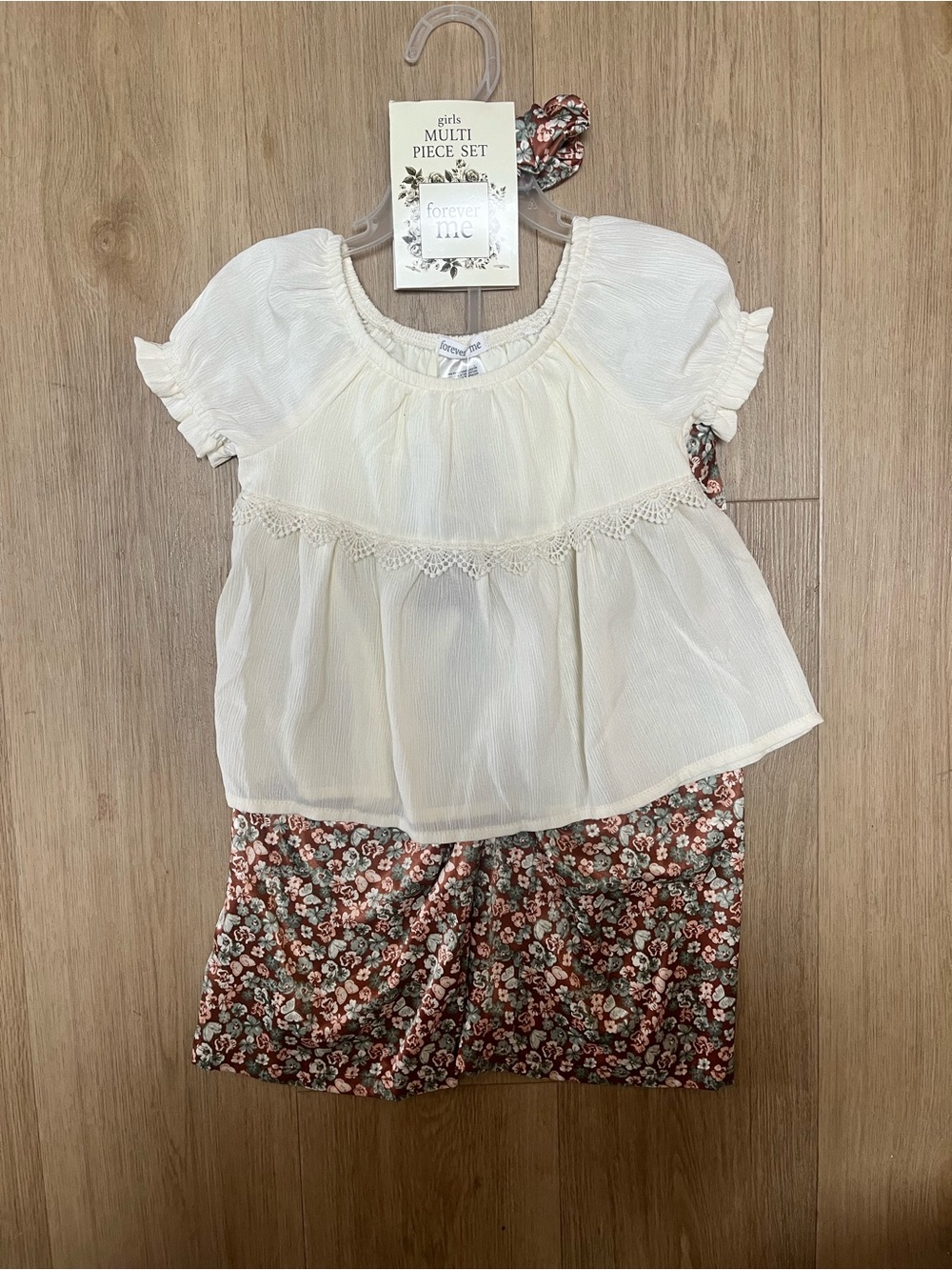 Forever me Girls Cream Peasant Top with Rust & Green Floral Pants Set